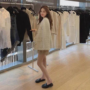 2021 Pomlad Jesen Tweed ženska Jakna korejskem Slogu Urad Dama Plašč Priložnostne Elegantno Nežen Svoboden Ženski Temperament Outwear