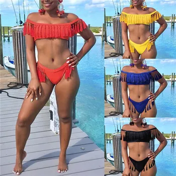 2pcs Tassel Bikini Komplet Ženske Seksi Barva Kopalke Off-ramo Vrhovi +hlačke Kopalke Klasičnih Golimi Midriff Kopalne Obleke