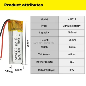 401025 litij-polimer baterija slušalke Bluetooth samosprožilec polnjenje univerzalno 3,7 V 100mAh mikro jedro Li-ion Celic za Polnjenje