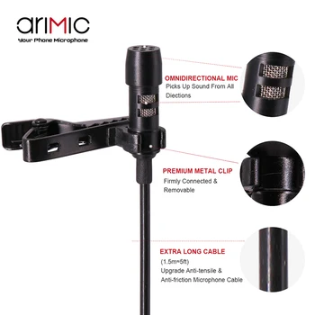 Arimic Lavalier River Clip-on Vsesmerni Kondenzatorskega Mikrofona, Komplet z kabel adapter & vetrobransko steklo za Samsung iPhone