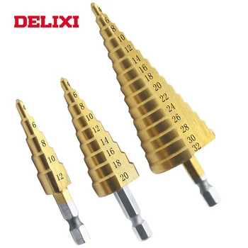 DELIXI Hss Korak Drill Bit Set Meritev 4-12 20 32mm Naravnost Groove Titanium obložene Kovinski Hex Kronski Sveder Jedrna Membrana Vrtanje