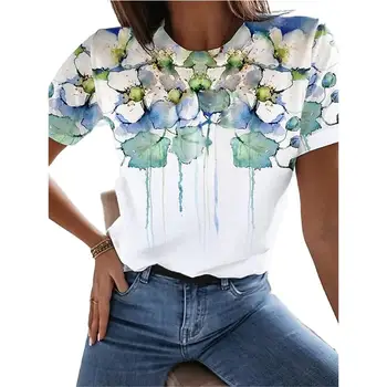 Dame moda kratka sleeved majico, udobno in vsestranski 3d krog vratu cvetlični boginja obleka ohlapno velikosti 6XXL-XXS