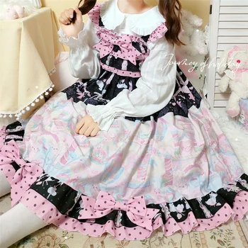 Japonski Sweety Girly JSK Lolita Slog Obleko Kvadratnih Ovratnik Srčkan Lok Kawaii Ruffles brez Rokavov Risanka Tiskanje Camisole Obleke