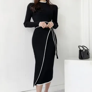 Korejski Eleganten Pleten Ženske obleke Poln Rokav O-vratu Obavijen talarji Trdna Elegantna Topli Mode Dame Vestidos 2022