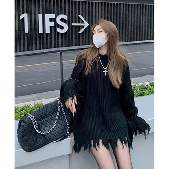 Korejski Pulover Vrh Žensk Nove Zimske Luknjo Osebno Design Sladko Kul Stil Žensk Srednje Dolg Pulover Moda