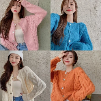 Korejski beloprsi Singl Zvit, Pletene Cardigan Vrhovi Ženske Dolg Rokav O-vratu 2020 Zimski Pulover Modne Dame Džemper Cardigan