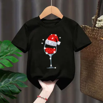 Kozarec vina Božični Klobuk, Črni Otroci majice Otrok fantje dekleta Harajuku Kawaii Oblačila Novo Leto Vrhovi Darilo Spusti Ladje
