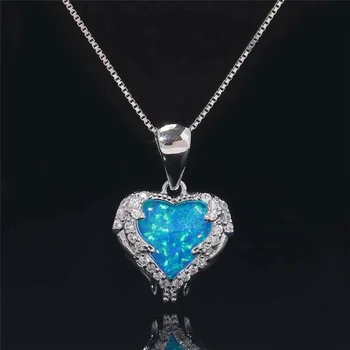 Moda Edinstveno Srebrno Srce Oblikovan Obesek Modra Simulirani Opal Nakit Ogrlica