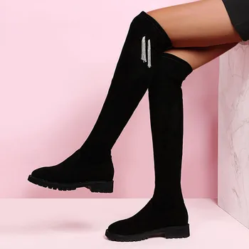 Moda za Ženske Stretch Škornji, Čevlji za Dihanje Močen Visokih Petah Retro Zdrsne Na Stegna Black Seksi Nad Kolena Čevlji Plus Velikost