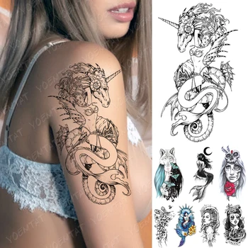 Nepremočljiva Začasni Tattoo Nalepke Morska Deklica Lutka Dekle Tetovaže Metulj Volk Lobanje Body Art Roko Ponaredek Rokav Tattoo Ženske Moški