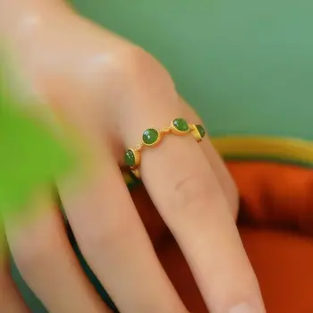 Original nova stari zlato izdelave Yang zelena jasper odpiranje nastavljiv prstan Kitajski retro slogu čar blagovne znamke srebrni nakit