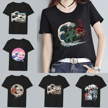 Poletje Ženske Harajuku Modni Vse-ujemanje T-shirt O-vratu Anime Modri Val Tiskanja Serije Rokavi za Udobno Slim Mehko Dame Vrh