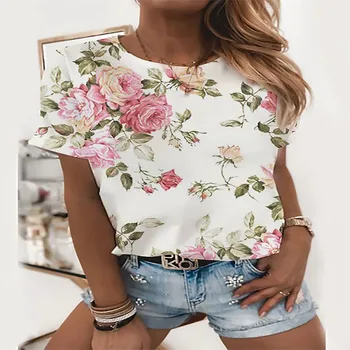 Poletje žensk kratek rokav T-majice 3D cvjetnim tiskanja krog vratu priložnostne stilov svoboden plus velikost ženske novega modela, Harajuku vroče prodaje