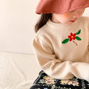 Pomlad jesen Dekleta korejskem slogu elegantna lepe puloverje kratek vezenino pleteni puloverji baby dekle Vrhovi