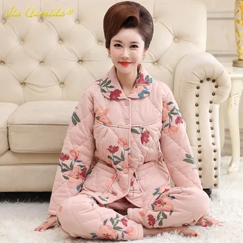 Pozimi Ženska Pižamo Debele 3 Plasti Prešite Bombaž Inverno Pajama Set za Ženske Toplo Dame Cardigan Pijamas Darilo za Mamo