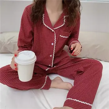 QWEEK korejski Sleepwear Kariran Pajama Nastavite Ženske Letnik Pižame Femme Čipke Pijamas Dolg Rokav More Jeseni 2021 Loungewear Pj
