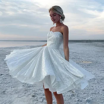 Sparkly Sequined Kratek Til Poročno Obleko 2022 Brez Naramnic Plaži Boho Nevesta Obleke Haljo De Mariage