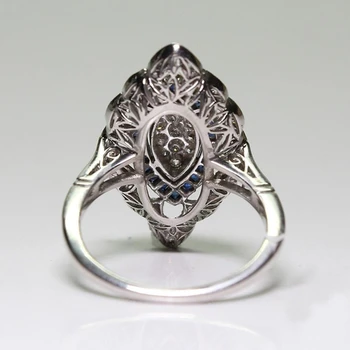 Starinsko Art Deco Viktorijanski Nakit Sterling Srebrna Sapphire in Diamantni Prstan Poročne Poroka Poroke, Posla Luksuzni Nakit