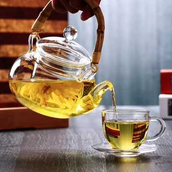 Toplotno odporna Stekla Čajnik Pregleden Japonski slog Gospodinjski Zgosti Cvet Čaj Čajnik Prenosni Bambusa Ročaj Čajnik