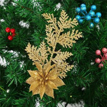 Umetno Božično Cvetje Bleščice Ponaredek Cvetje Merry Christmas Tree Okraski Domov DIY Xmas Darila Ornament Navidad 2021