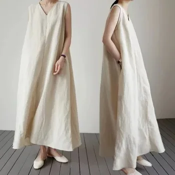 VANOVICH korejski Japonska Slog Preprost Barva V-vratu Svileno Perilo Telovnik Dolgo Obleko 2021 Novih brez Rokavov Elegantne Obleke za Ženske