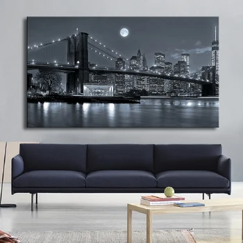 Veliko Sodobnih Brooklyn Bridge Noč Ogled Krajine, Plakati, Platna Slike Wall Art Slike Dnevni Sobi Doma Wall Art Natisne