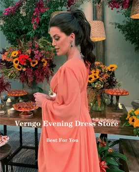 Verngo Blush Pink Šifon Črto Prom Obleke Puff Dolge Rokave V Vratu Dolžina Tal Arabski Ženske Preprostih Formalnih Večernih Oblek