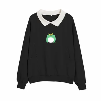 Zeleni Vrh Belovrati Majica Žaba Živali Tiskanja Zimski Pulover Ženske, Priložnostne Dolg Rokav Kawaii Oblačila Estetske Korejski Moda