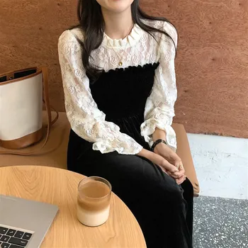Čipke Vintage Obleko Žensk O-Vratu Elegantno Črno Obleko Ženski Priložnostne Mozaik Dolg Rokav Enega Kosa Obleko Korejski Jeseni Leta 2020